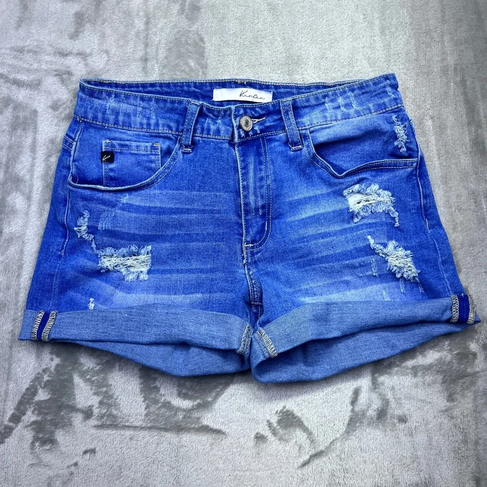 KanCan Womens Blue Denim Jean Shorts Distressed Cuffed‎ Casual Sz 27 Fits 26